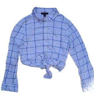 Light Blue Windowpane Tie-Front Button Shirt